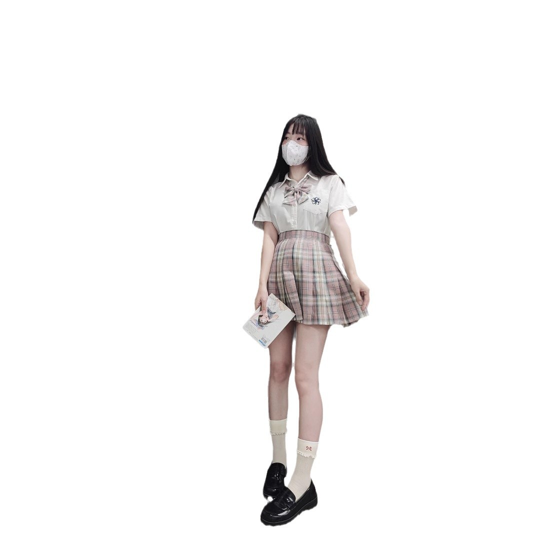 일본 JK 유니폼 기본 세트 여자 단색 반팔 탑 올 매치 스위트 스타일 격자 무늬 스커트 여자 여름 짧은 치마