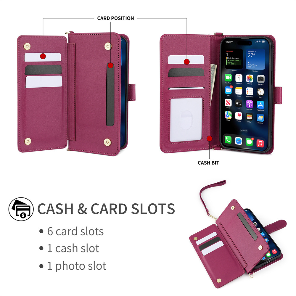 Étui de téléphone compatible avec iPhone 16e/17 Pro Max et iPhone 14. Étui à rabat multifonctionnel en cuir avec emplacement pour carte IP7._voghion.com