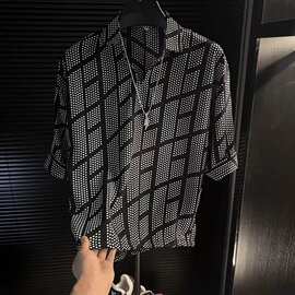 时尚五分衬衫冰丝夏季男士薄款韩版痞帅新款中袖宽松休闲短袖衬衣