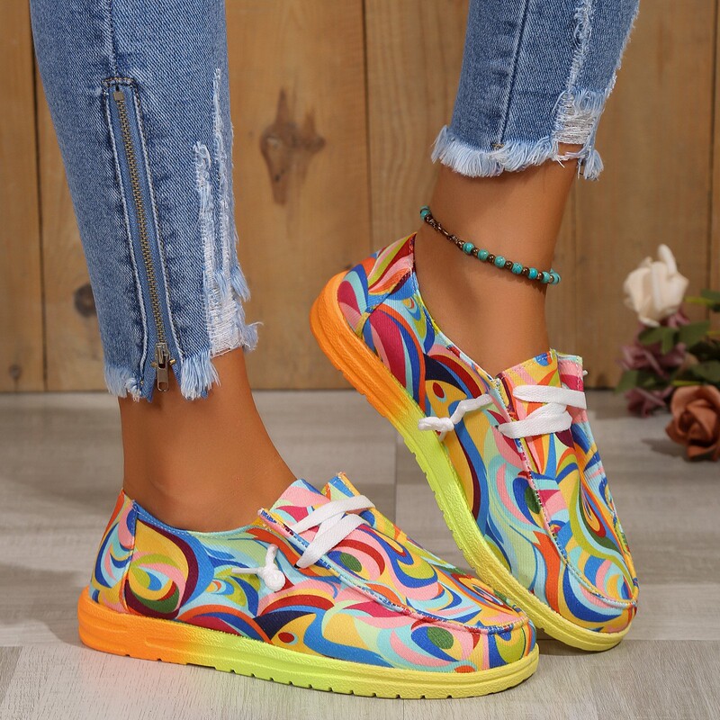 2024 New Foreign Trade Large-Size Lace-Up Colorful Low-Top Women's Ethnic Graffiti Casual Canvas Flat Shoes Trendy Brand 2024 New Foreign Trade Large-Size Lace-Up Colorful Low-Top Women's Ethnic Graffiti Casual Canvas Flat Shoes Trendy Brand