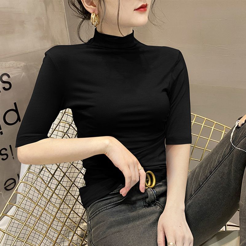 黑色薄款五分袖半高领打底衫女春秋内搭中袖T恤洋气修紧身莫代尔