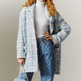 2024秋冬新品小香风蓝白色软呢格子毛呢外套大衣女翻领西装ins潮