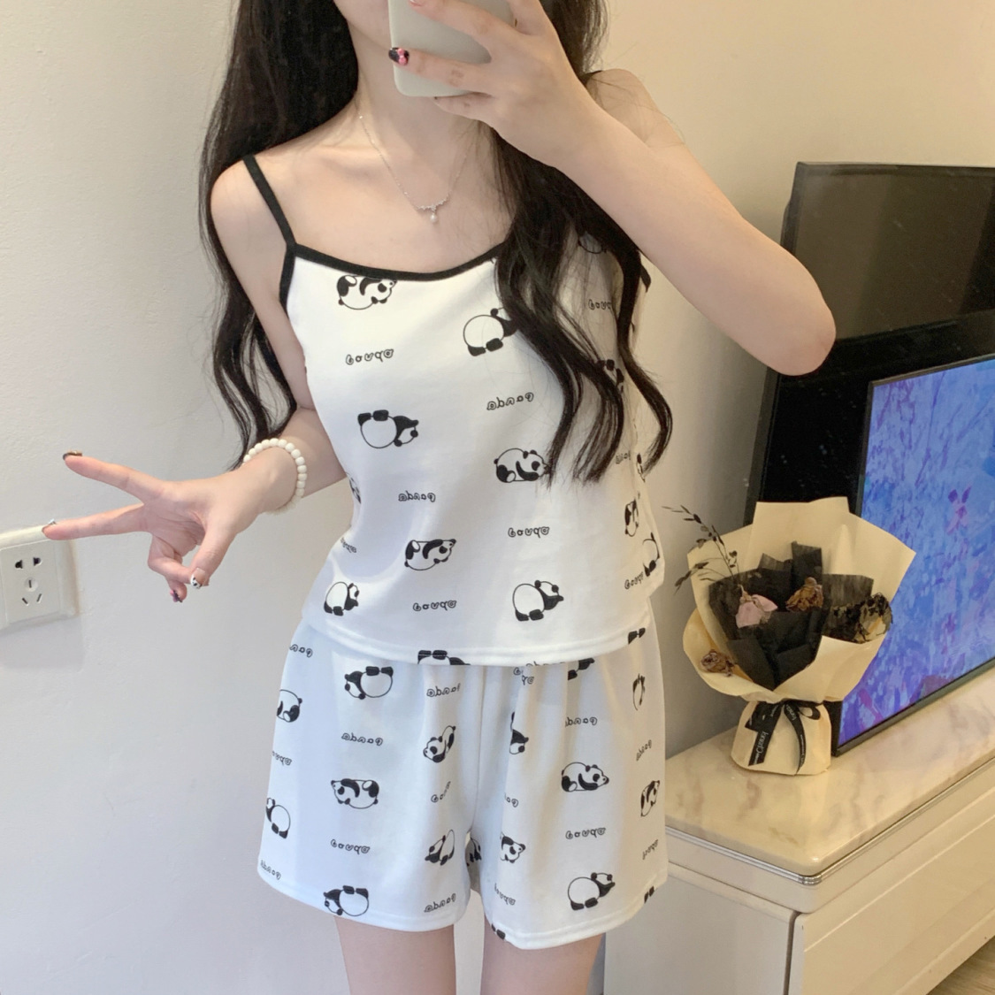 2024 Summer Sweet Sleeveless Sling Pajamas Women's Suit New Sexy Cartoon with Chest Pad Can Be Worn Outside Homewear