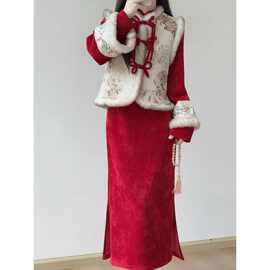 2025年新年穿搭国风套装裙绝美红色复古改良旗袍马甲连衣裙两件套