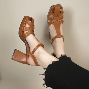 Baotou Hollow Roman High Heels for Women Summer Season New Fashion Square Toe Hollow Back Thick Heel One-Word Buckle Sandals for Women