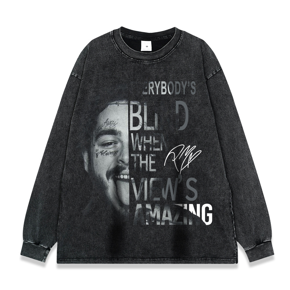 260g pesado copo de nieve frito de manga larga Camiseta americana retro alta calle moda marca suéter suelta Otoño e Invierno de los hombres y las mujeres de fondo