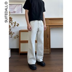 SUITEDALL"2021M"水泥骨白牛仔裤 宽松直筒微喇叭休闲男女长裤子