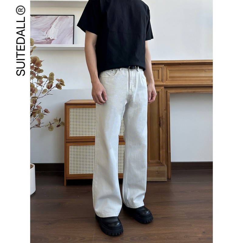 SUITEDALL"2021M"水泥骨白牛仔裤 宽松直筒微喇叭休闲男女长裤子|undefined