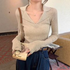 高级螺纹polo翻领针织毛衣女春季秋装V领法式内搭长袖打底衫上衣