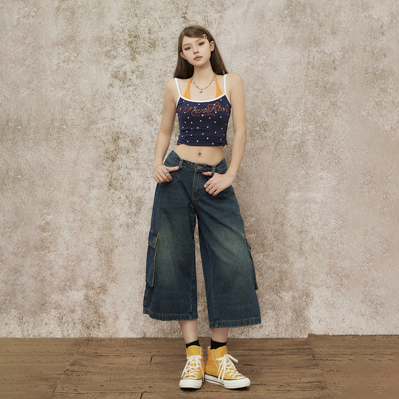 American Nostalgic Cropped Jeans for Women 2025 Summer New Straight-Leg Loose High-Waist Slim Workwear Wide-Leg Pants