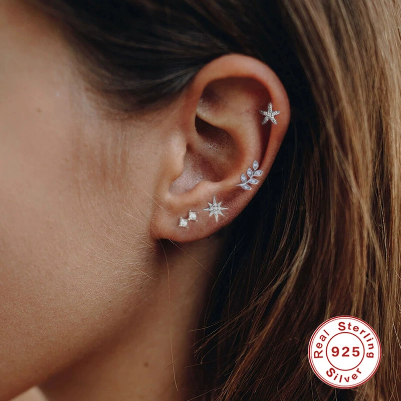 Piercing, earrings, silver 925 sample, micro incrustation, European style