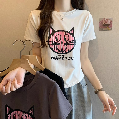 Cute and Unique White Off-Shoulder Short T-Shirt for Women with Cat Cartoon Print – Sleek, Slimming Design