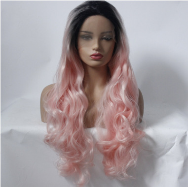 Fibra química europea y americana frente encaje cubierta de cabello negro gradiente rosa ondulado larga peluca de cabello rizado fabricante LW0145
