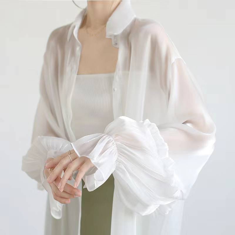 Gentle and Ethereal Pearlescent Sheer Sun-Protective Shirt for Women, Summer 2026, Fairy-Like Flowing Lazy Puff-Sleeve Transparent Top