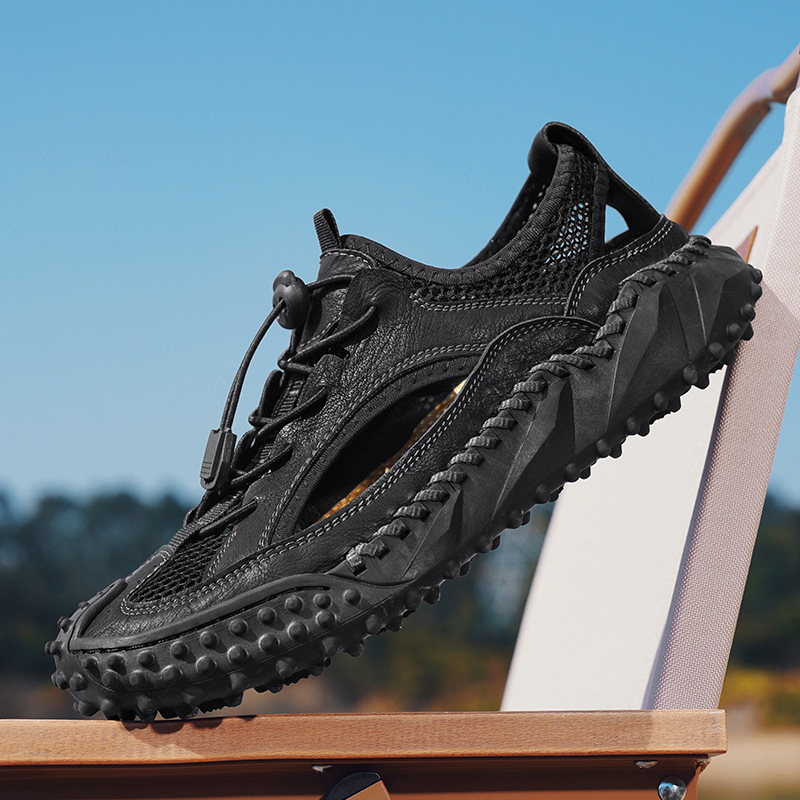 Baotou Men's Sandals Genuine Leather Men's Shoes Summer Large Size Hollow Soft Sole Hand-Stitched Trendy Beach Shoes_vogvips.com