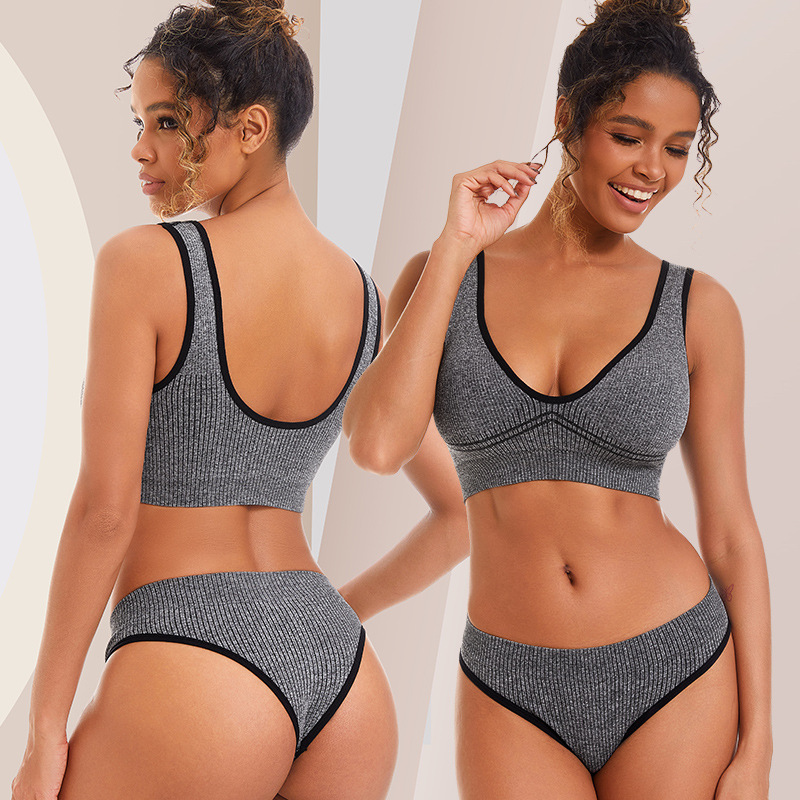 Cross-Border Thong Underwear Set Women's Contrasting Color Sports Casual Fitness Vest Style Threaded Push-Up Sexy Bra