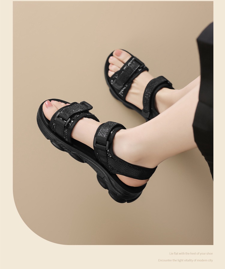 Sandal nữ đế dày quai dán đính đá phong cách thể thao — ES58 Màu be chi tiết 17