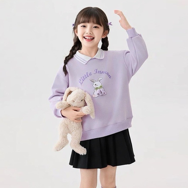 女童polo领卫衣立体勾线25春秋中大童紫色兔兔印花长袖上衣|undefined