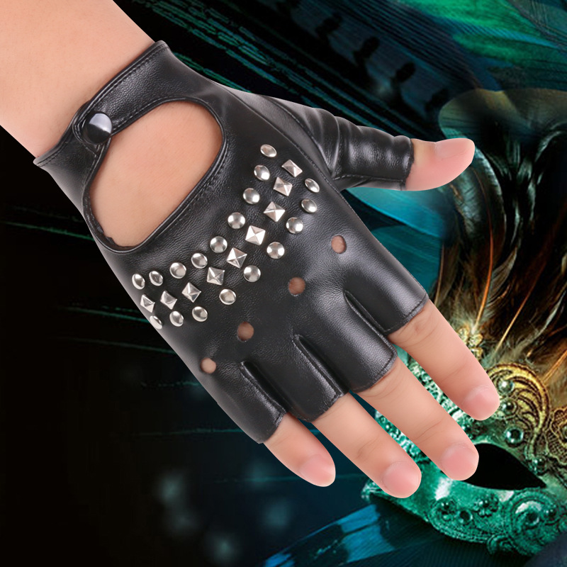 Hip hop medio dedo guantes club nocturno para hombres guantes de remache de baile de polo rendimiento baile de primavera y verano rendimiento de baile guantes de cuero