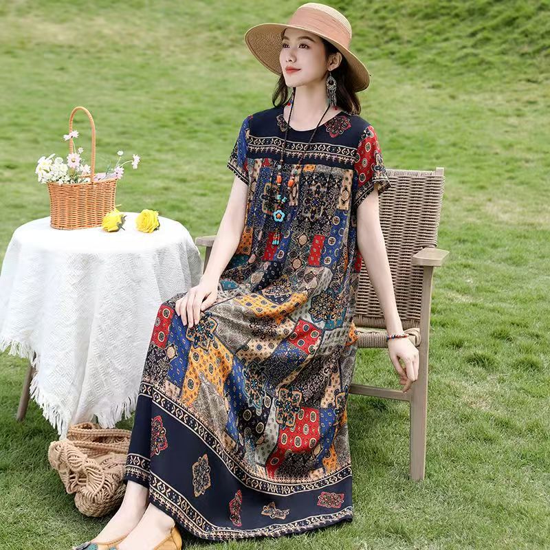 Cotton Silk Plus Size Belly-Covering Outer Dress for Middle-Aged and Elderly Summer Mothers Pocket Large Size Loose Solid Color Nightgown