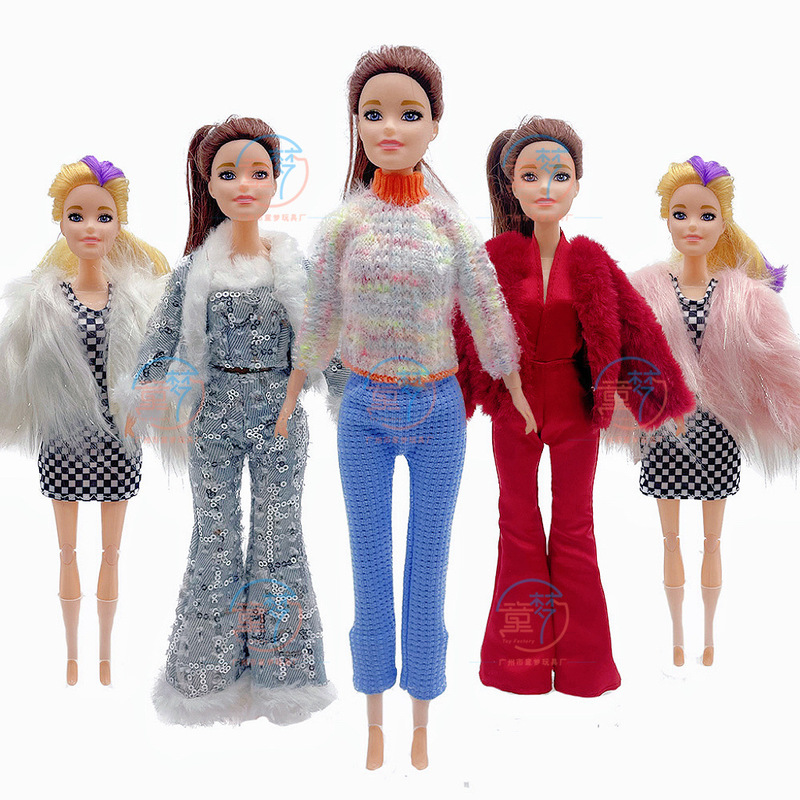 New Heavy-Duty 30cm Doll Clothes Denim Sequin Socialite Suit Sweater Pants Fur Outwear Dress