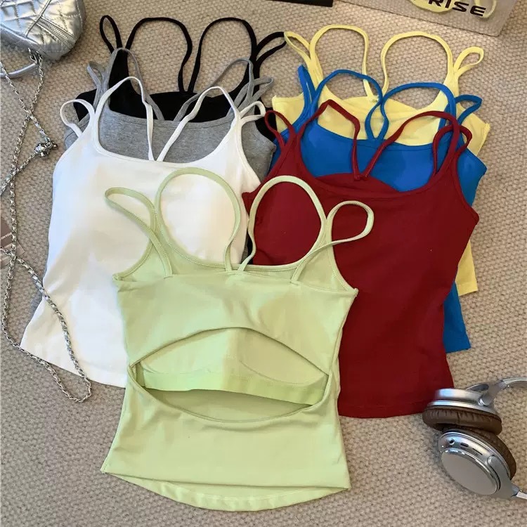 Hollow-out Beautiful Back Double Shoulder Strap Camisole Women's Summer Pure Color with Chest Pad Inner Slim-fit Strapless Top