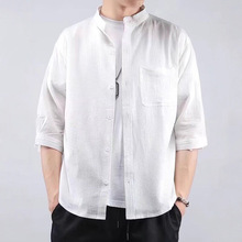 亚麻衬衫男夏季短袖新中式白衬衣宽松中国风棉麻七分袖上衣男衬衣