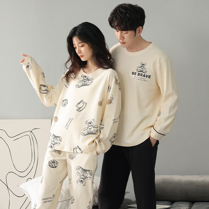 Couple Pajamas Women's Spring and Autumn Waffle Pure Cotton New Arrival Men's Winter Long Sleeve Casual Home Clothes Outwear Suit