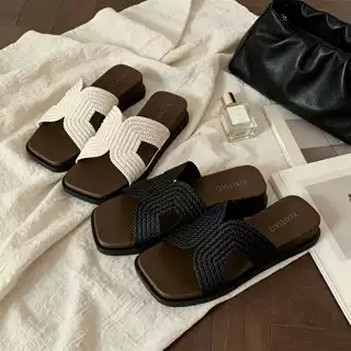 韩系慵懒外穿舒适坡跟方头凉拖久穿不累时尚撞色增高夏季一字女鞋