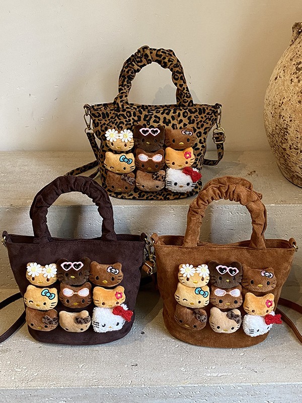 2025 Autumn/Winter New Style Girls' Crossbody Bag Cartoon Plush Doll Women's Bag Leopard Print Shoulder Bag Fashion Handbag