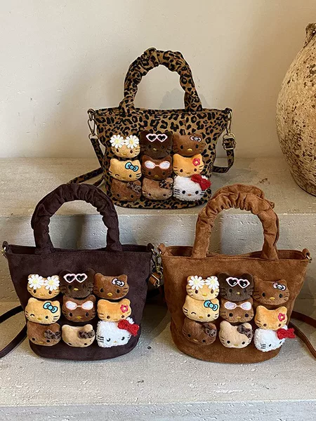2025 Autumn/Winter New Style Girls' Crossbody Bag Cartoon Plush Doll Women's Bag Leopard Print Shoulder Bag Fashion Handbag