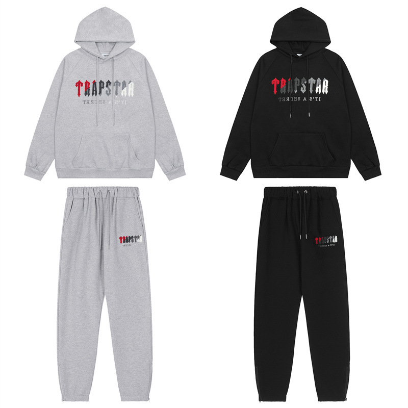 Marca de moda europea y americana Trapstar rojo gris toalla bordado más terciopelo pareja de hombres calle principal suéter casual pantalón traje