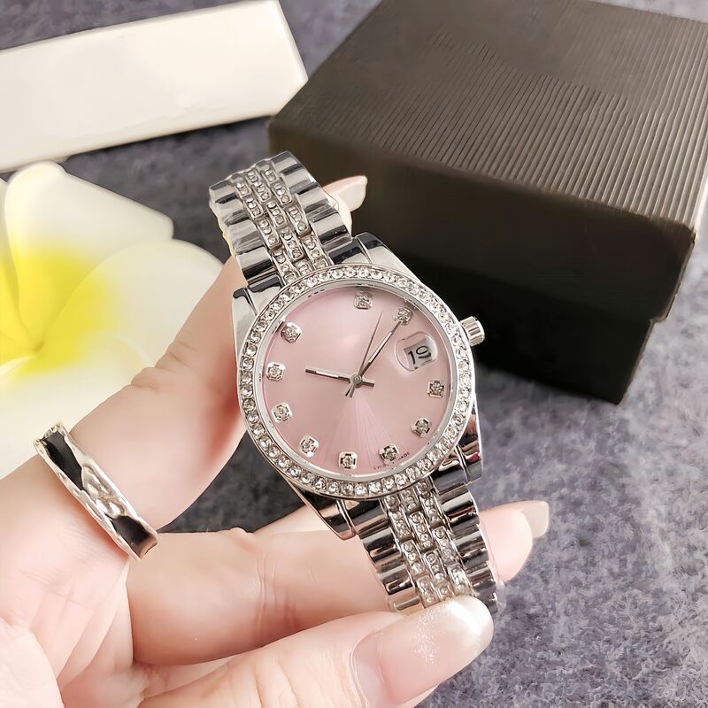 Korean-style business women's trendy fashion neutral watch round diamond large dial women's watch diamond steel band women's watch