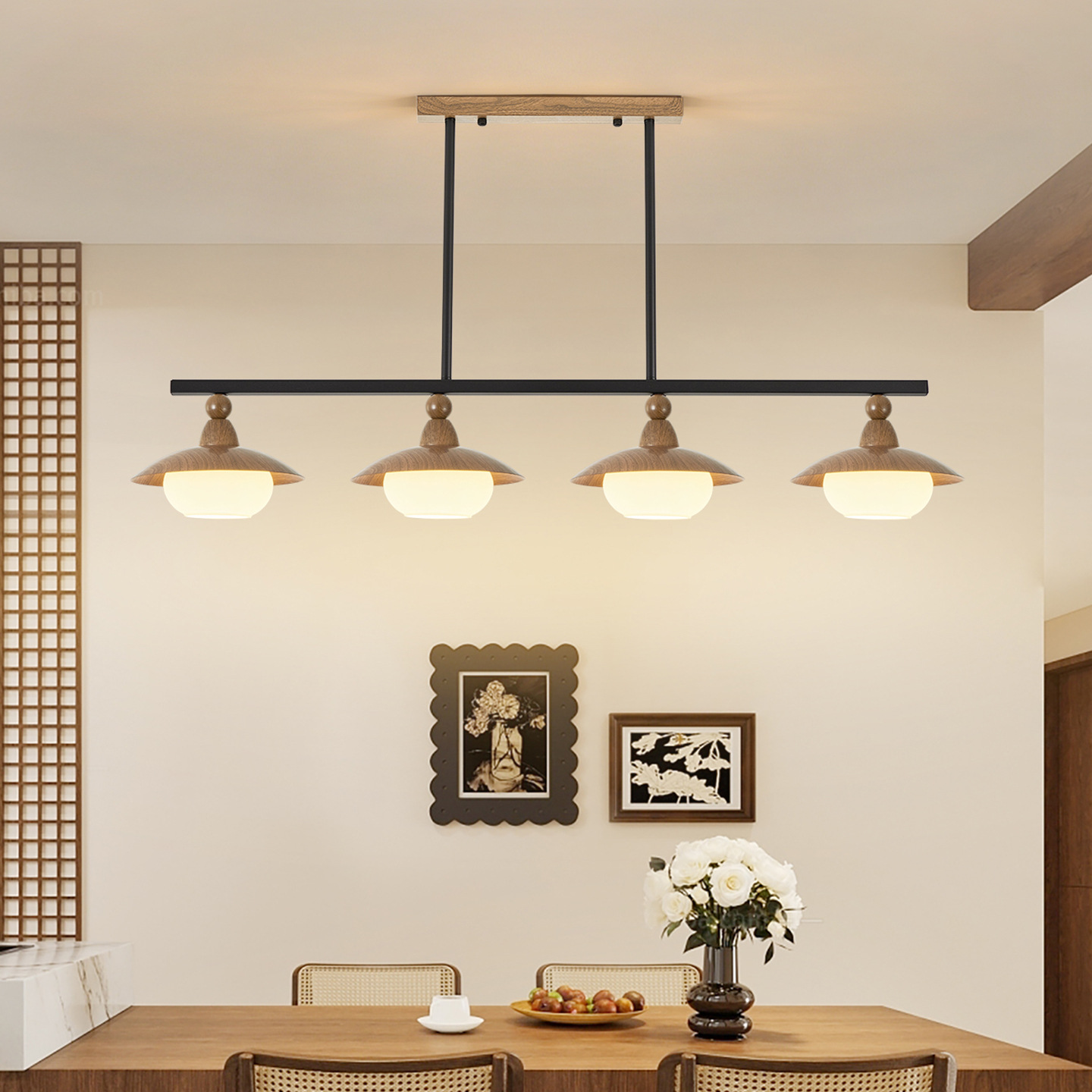 Lámpara del restaurante de tres extremos platillos voladores 2026 nuevo estilo japonés de madera de nuez, mesa de comedor de viento tranquilo, lámparas Zhongshan 713L