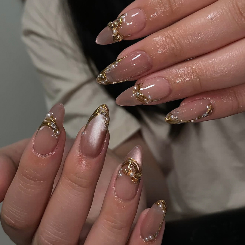 Lefan Manicure 3D Golden Line French Style Short Wearable Nails with Bowknot and Pearls for Cross-Border Foreign Trade Almond Shaped Nails