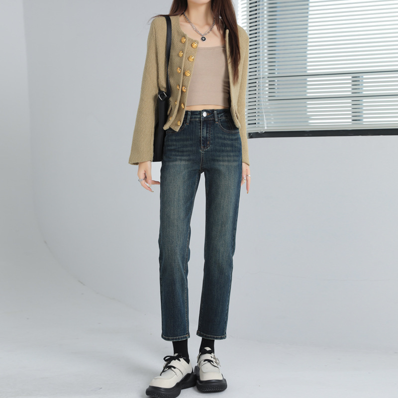 Women's High-Waisted Slim-Fit Stretch Jeans for Tall Individuals, Straight-Leg Pants, Autumn 2026 New Vintage Cropped Cigarette Pants