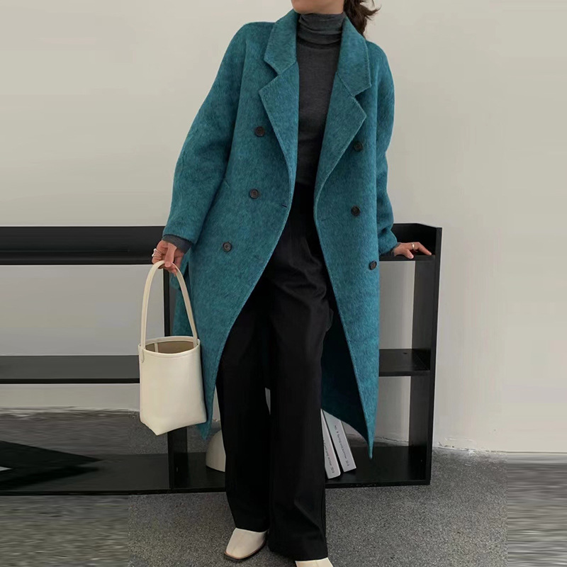 2025冬季新款兔绒桑蚕丝双面羊绒大衣女西装领中长款羊毛呢外套