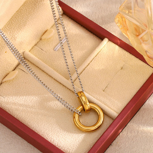 Cross-Border European and American New Ins Cool Style Simple Commuter Jewelry Stainless Steel Plated 18K Gold Double Chain Ring Necklace