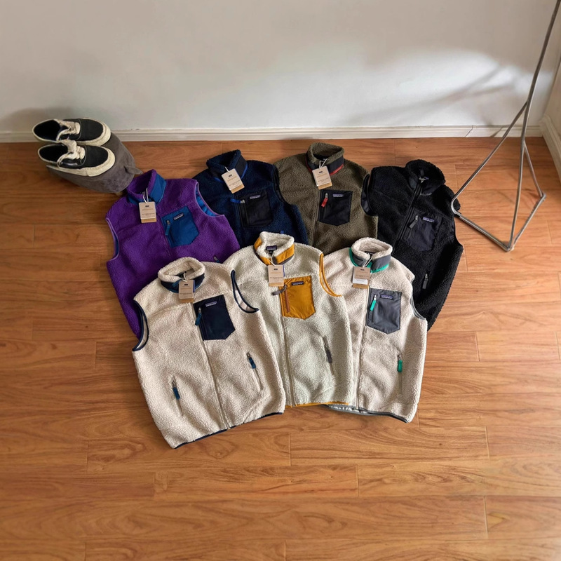 Cross-Border E-Commerce Outlet Direct Supply Pata Couple Style Color Matching Lamb Wool Stand Collar Fleece Zipper Vest