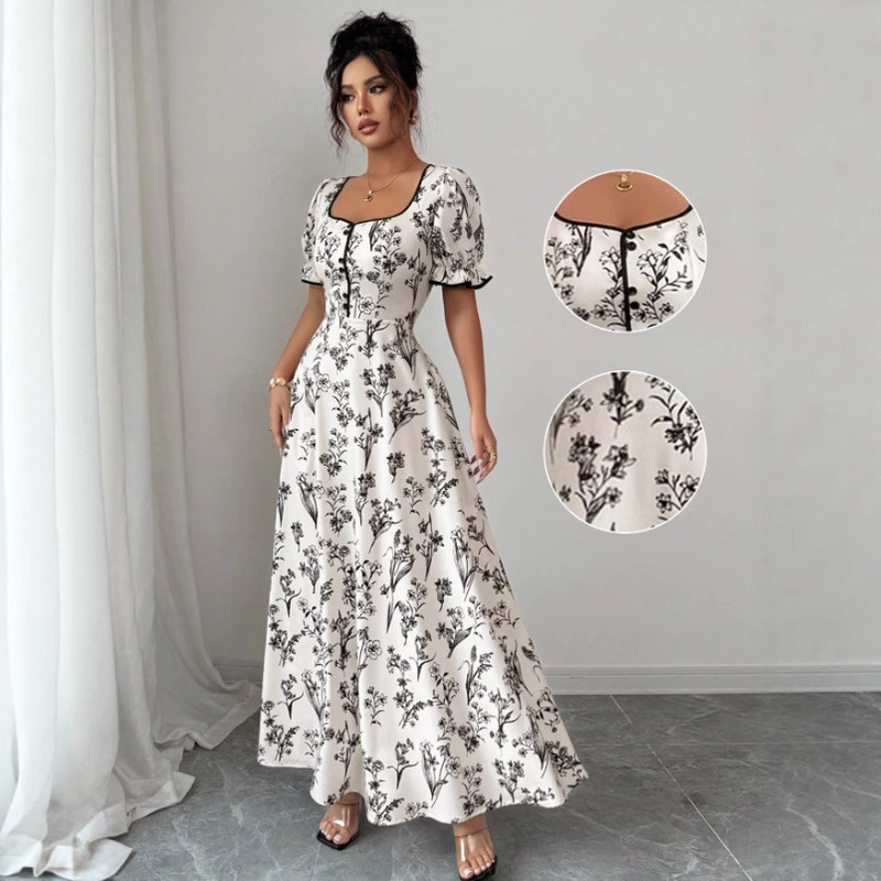 Women's Retro Elegant Floral Print Square Neck A-Line Long Skirt for Casual Daily Party Spring Summer