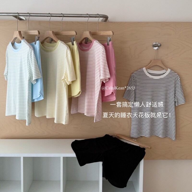 2655 Ouni Striped Suit Original New Spring and Summer Short-Sleeve Shorts Casual Loose Age-Reducing Loungewear for Women with Ice Feel 2655 Ouni Striped Suit Original New Spring and Summer Short-Sleeve Shorts Casual Loose Age-Reducing Loungewear for Women with Ice Feel