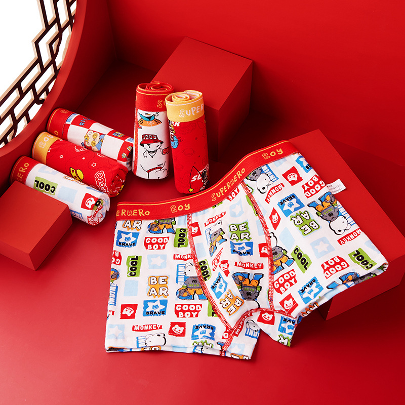 Children's underwear for the year of the monkey, boy's straight-leg pants, pure cotton, bright red, medium to large boy, rabbit year, four-cornered shorts