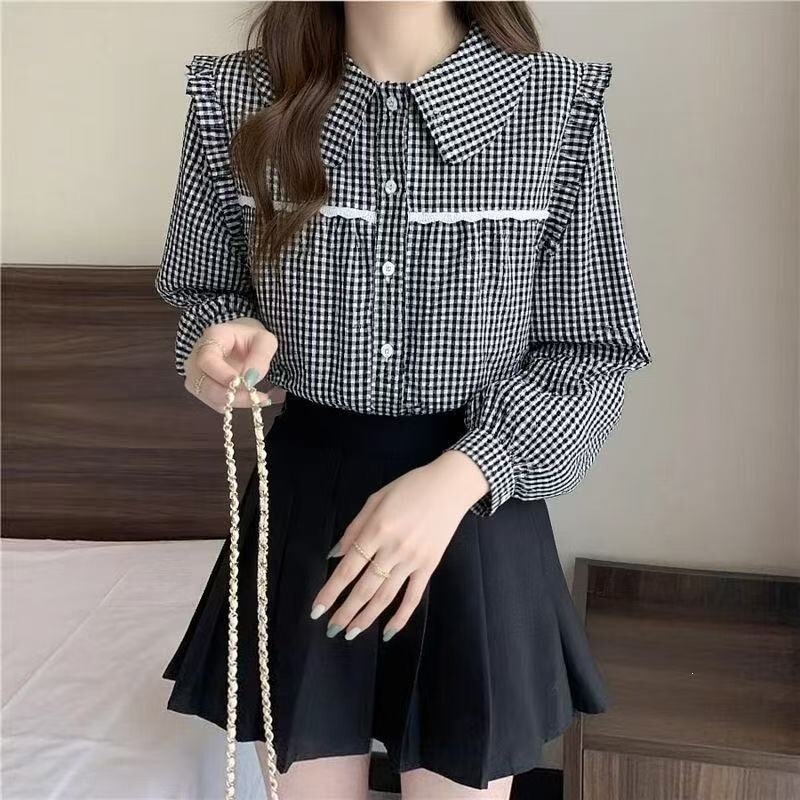 Black and White Plaid Long-Sleeved Shirt, New Spring and Autumn Style, Stylish Lace Inner Shirt, Loose Doll Collar Top