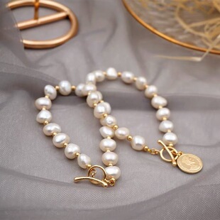 Baroque Pearl Bracelet 8-9mm Natural Baroque Freshwater Pearl Gold Injection Queen Gold Coin Bracelet