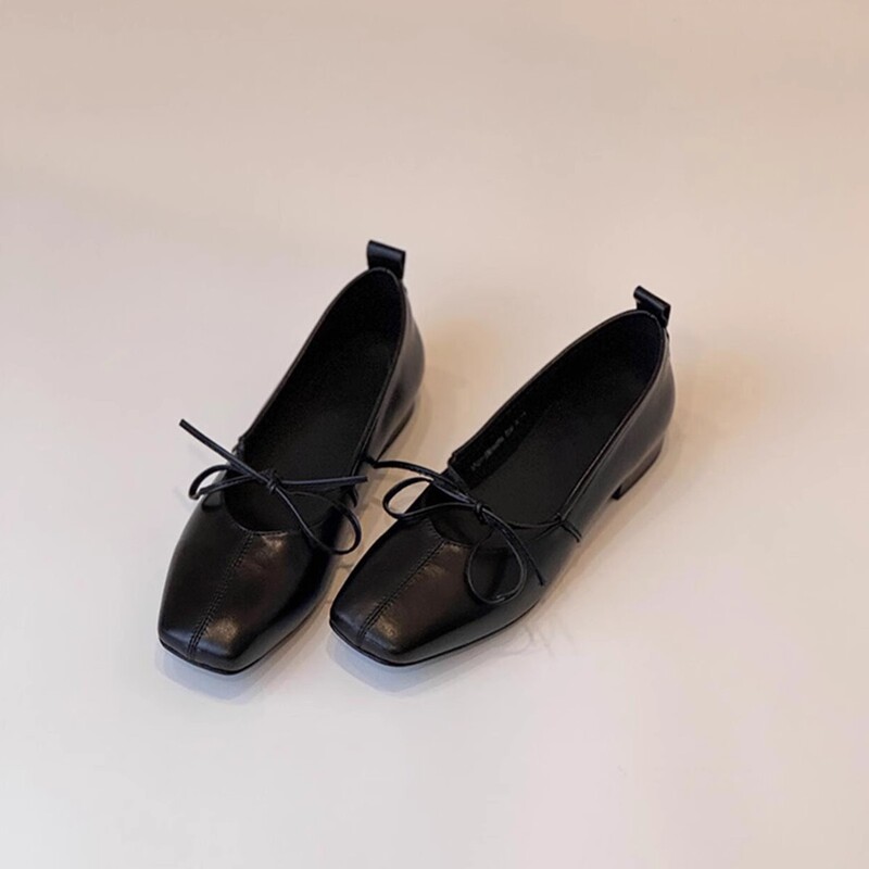 In-Stock Versatile Bow-Tie Lace-Up Women's High-Heeled Shoes, Slip-On Square-Toe Flat Shoes, Shallow Ballet Flats