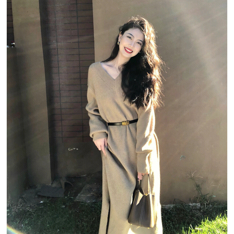 V-Neck Sweater Dress Women's Over-the-Knee dress Winter Thickened Mid-Length Inner Base Dress Knitted Skirt V-Neck Sweater Dress Women's Over-the-Knee dress Winter Thickened Mid-Length Inner Base Dress Knitted Skirt