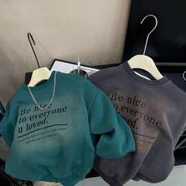 天才鲸童装加绒男童圆领卫衣冬新款儿童保暖字母印花韩版打底上衣