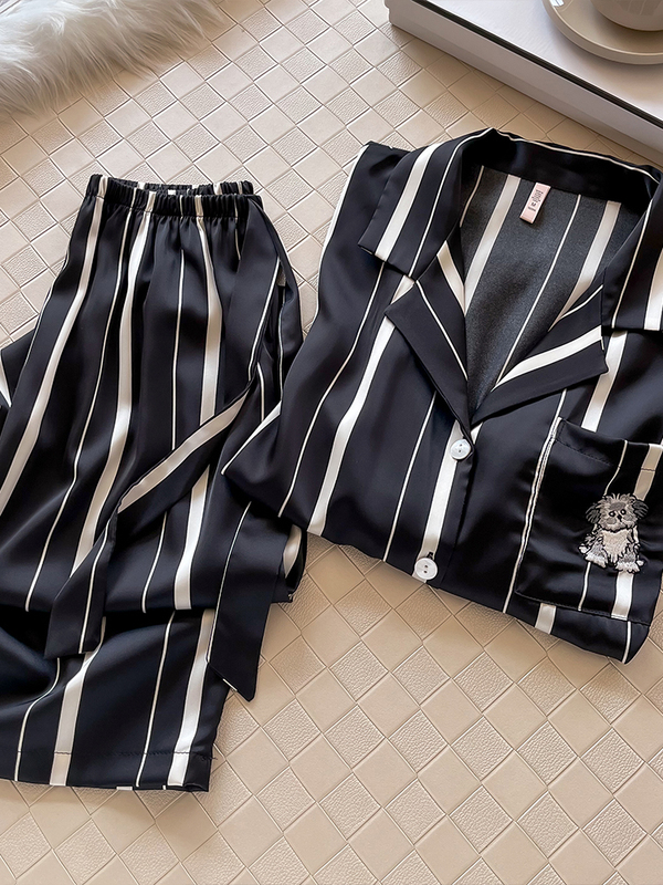 真丝睡衣女春秋夏季长袖情侣感条纹家居服桑蚕丝两件套装男|undefined