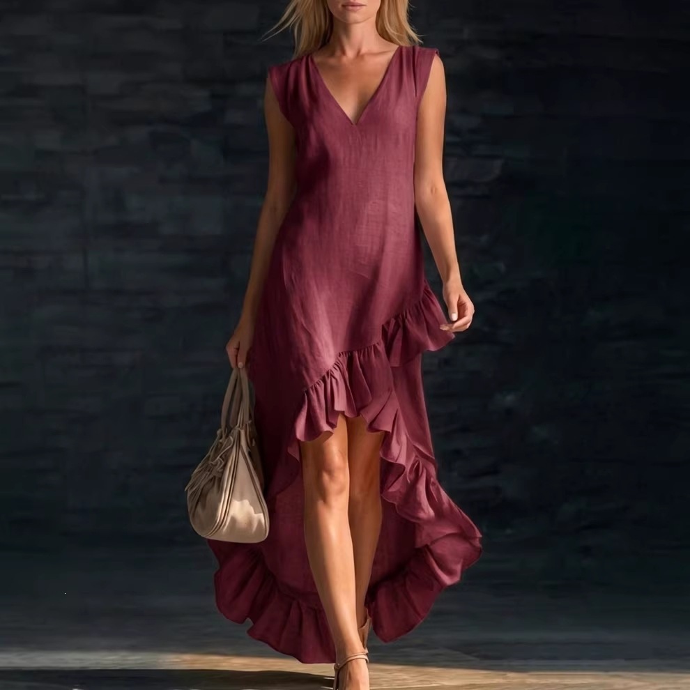 Fashionable Romantic Sleeveless V Neck Ruffled Hem Cotton Linen Long Dress For Women New_ecoleips.com