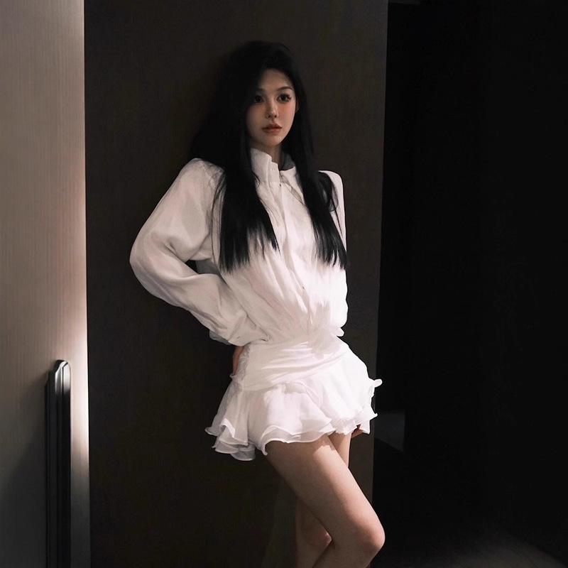 White Shirt Dress V Neck Ruffle Design Slim Fit 2025 Autumn and Winter Short Skirt Sexy Romantic Elegant Elegant